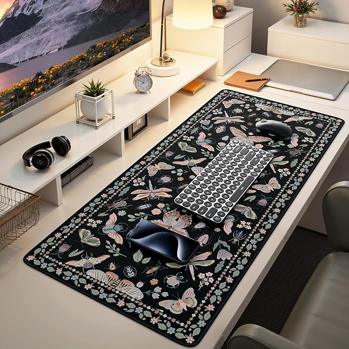 iCasso Black Large Mouse Pad, Desk Matt for Desktop, XXL Desk Mat for Keyboard and Mouse, Anti-Slip Big Mousepad Computer Mat with Stitched Edges(Insects)