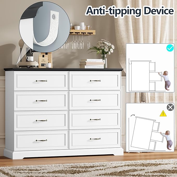 8 Drawer Dresser for Bedroom, 53" Wide Wooden Chest of Drawers, Rustic Farmhouse Dresser with Large Drawers & Metal Handles, Modern Storage Organizer for Closet, Living Room, Hallway, White