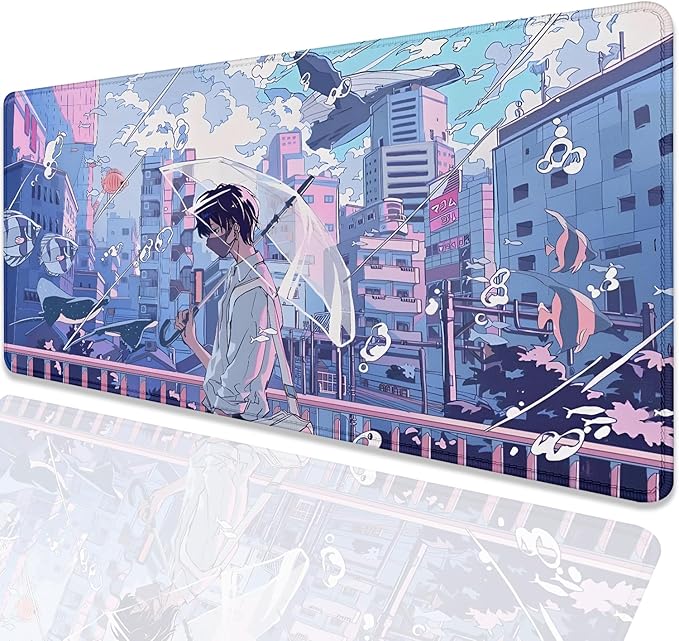 Japanese Fantasy City Boy Mouse Pad Desk Pad,Cute Kawaii Anime Mousepad,Large Extended Gaming Mouse Mat with Stitched Edges Non-Slip Waterproof Rubber Base Mous Mat for Desk Pad(27.5X11.8 in)