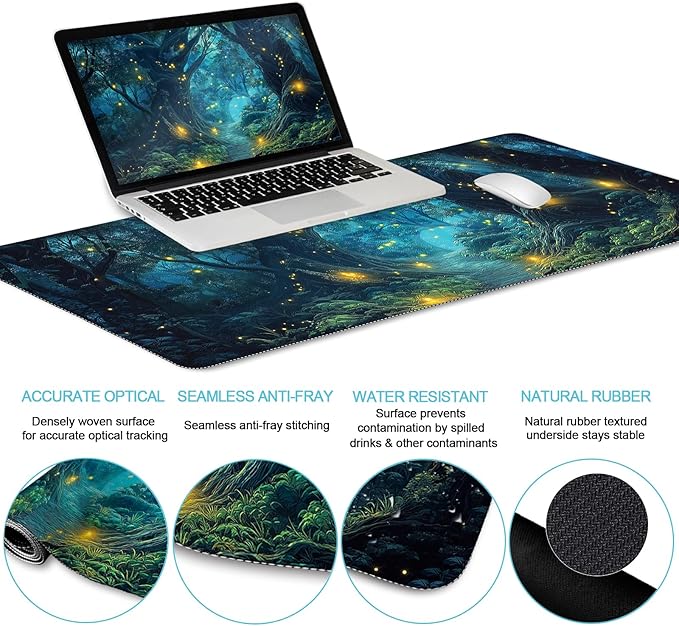 Ergonomic Mouse Pad Set Large Desk Matt for Desktop, Gaming Mouse Pad Wrist Rest Keyboard Mat Cup Coaster Set Cute Office Desk Decor Accessories for Women, Firefly Forest