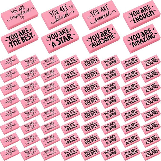 PerKoop 100 Pcs Pcs Inspirational Pink Erasers Bulk Small Motivational Block Pencil Erasers Back to School Gifts for Classroom Students Teachers Office Stationery Supplies