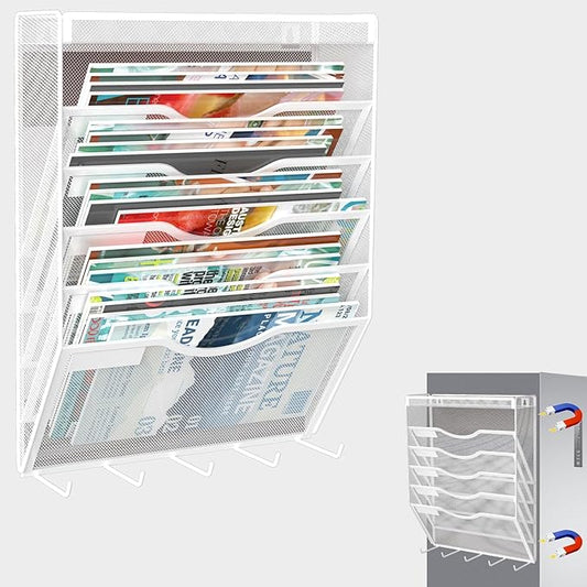 6 Tier Magnetic File Holder with Hook, Magnetic File Organizer Folder Holder, Wall File Organizer, Hanging Magnetic Paper Holder for File Cabinets, Office, Whiteboard, Magnetic Mail Holder
