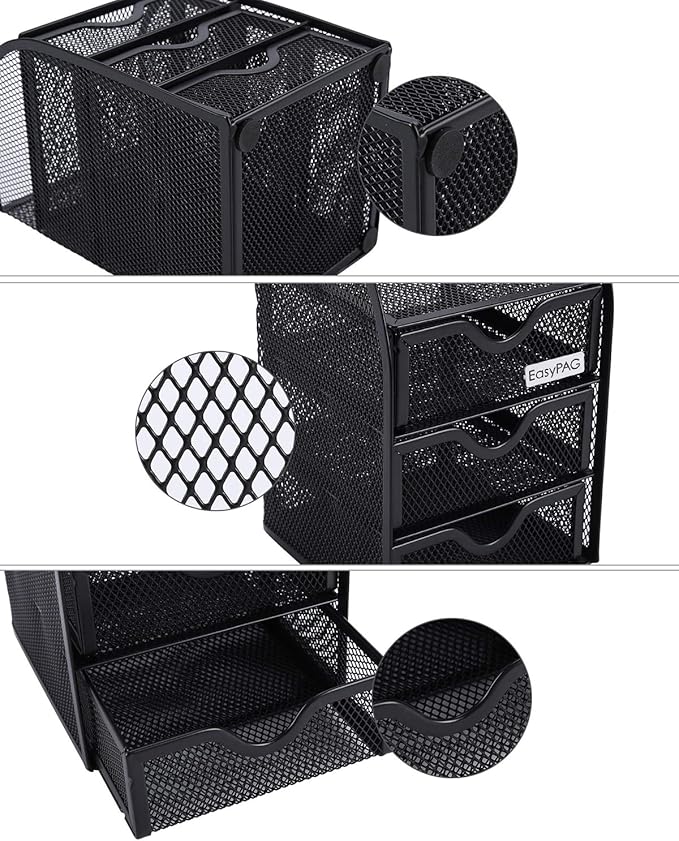 EasyPAG Mesh Desk Organizer with 3 Drawer Office Desktop Organizers and Accessories Stationery Caddy for Office, Home, Students, Black