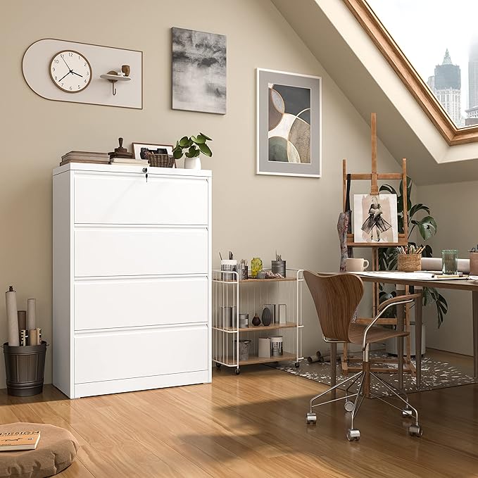 INTERGREAT 4 Drawer Lateral File Cabinet,White Lateral Filing Cabinet with Lock, Metal Steel Horizontal File Cabinets for Home Office, Easy Assembled