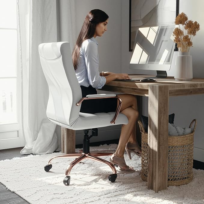 Flash Furniture Whitney High-Back Swivel LeatherSoft Desk Chair with Padded Seat and Armrests, Adjustable Height Padded LeatherSoft Office Chair, White/Rose Gold