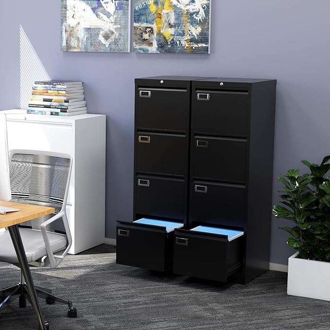 File Cabinet - 4 Drawers Vertical 17.8" Deep Lockable Filing Cabinet Black Metal Storage Cabinets for Home Office to Hanging Files Letter/Legal/F4/A4 Size