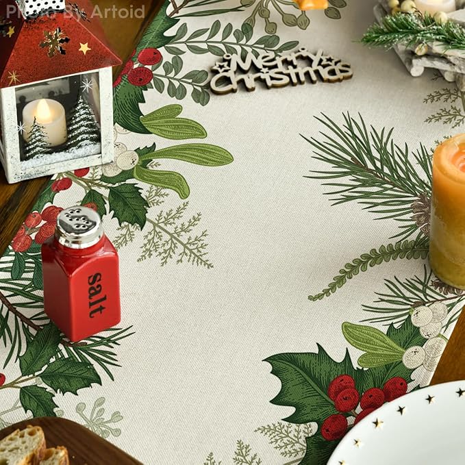 Artoid Mode Holly Pine Cone Christmas Table Runner, Seasonal Winter Kitchen Dining Table Decoration for Home Party Decor 13x72 Inch