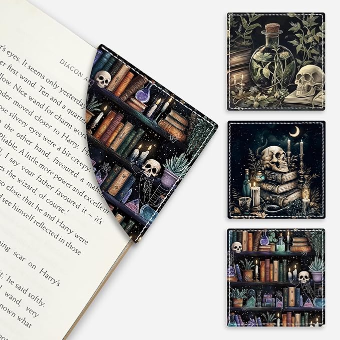 Gothic Skull Corner Bookmarks, Funny Bookshelf Leather Book Accessories for Book Lovers, 3 Pcs Reading Book Page Markers for Women Men Student Teacher Retirement Birthday Gifts
