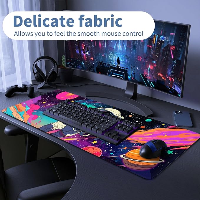 Spaceman Planets Anime Mouse Pad Large Desk Mat XL Mouse Pad Astronaut Keyboard Mousepad with Non-Slip Base and Stitched Edge Gaming Mouse Mat Desk Pad 31.5 X 11.8 in Mouse Pads for Desk Home Office