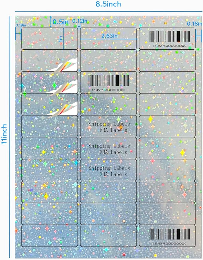 STARLIBOO 1" x 2-5/8" Address Labels- Holographic Color Stickers for Laser/Inkjet Printer mailing Labels 8.5"×11"- Holographic Star