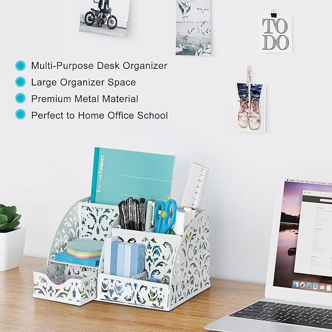 EasyPAG Pen Holder Desk Organizer with Drawer Pencil Cup for Desk 6 Compartments Metal Office Caddy Storage with Sticky Notes Holder for School Home Office, White