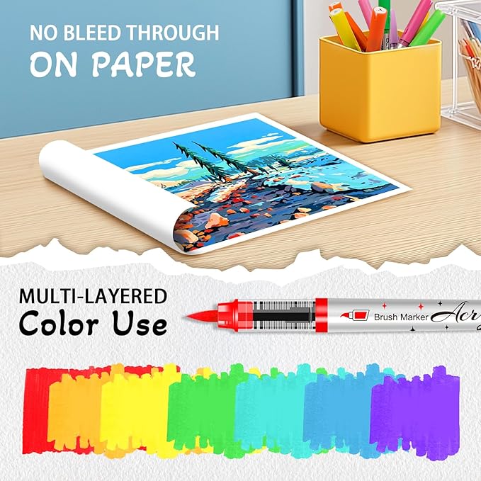 Betem Paint Markers Acrylic Paint Pens, 24 Colors Brush Tip Water Based Markers with Direct Ink System, Permanent Marker Colored Pens, Art Supplies for Rock Painting, Wood, Fabric, DIY Crafts Gift