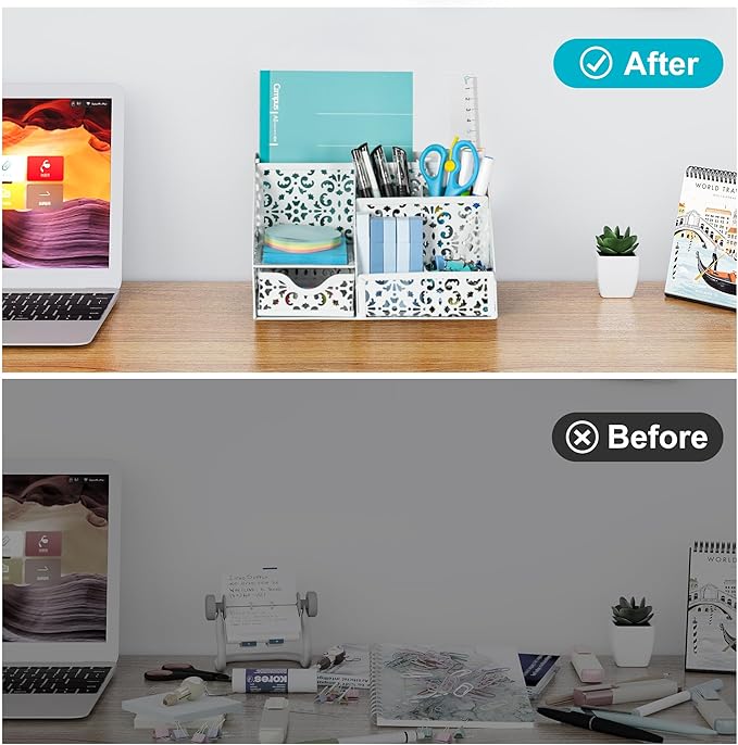 EasyPAG Pen Holder Desk Organizer with Drawer Pencil Cup for Desk 6 Compartments Metal Office Caddy Storage with Sticky Notes Holder for School Home Office, White