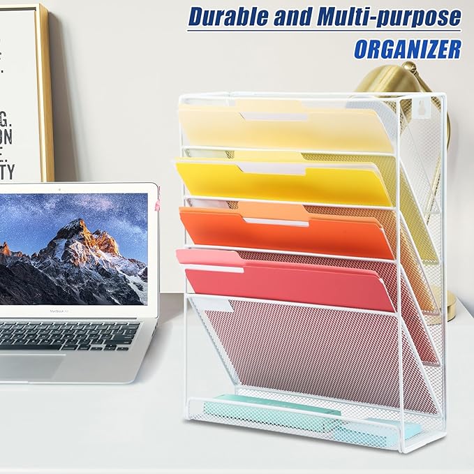 EASEPRES Desk File Organizer Mesh 6-Tier, Hanging Wall Mount Document Organization Stand, Desktop Vertical Mail Paper Folder Holder Rack with Bottom Tray for Office Home Cubicle Countertop, White