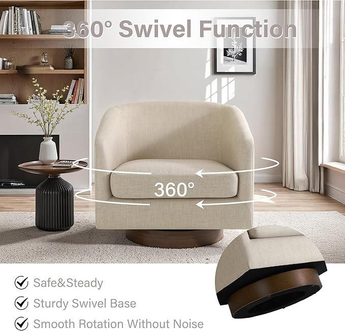 UIXE Swivel Accent Chair with Wood Base, Fabric Upholstered Barrel Chairs for Living Room, Comfy Round Armchair Single Sofa Bedroom Reading Seat - 31" W, Light Brown