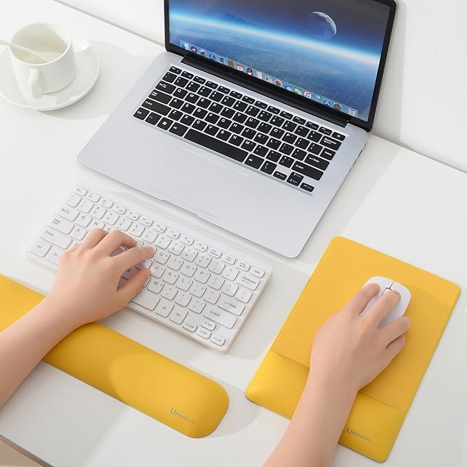 UnivoColors Design-Wave Set of Keyboad Wrist Rest & Mouce Pad,Artificial Sheepskin+Memory Foam+Ergonomic+Anti-Slip Gel, Resilience Support During Work and Gaming,Keyboard Accessory,Yellow