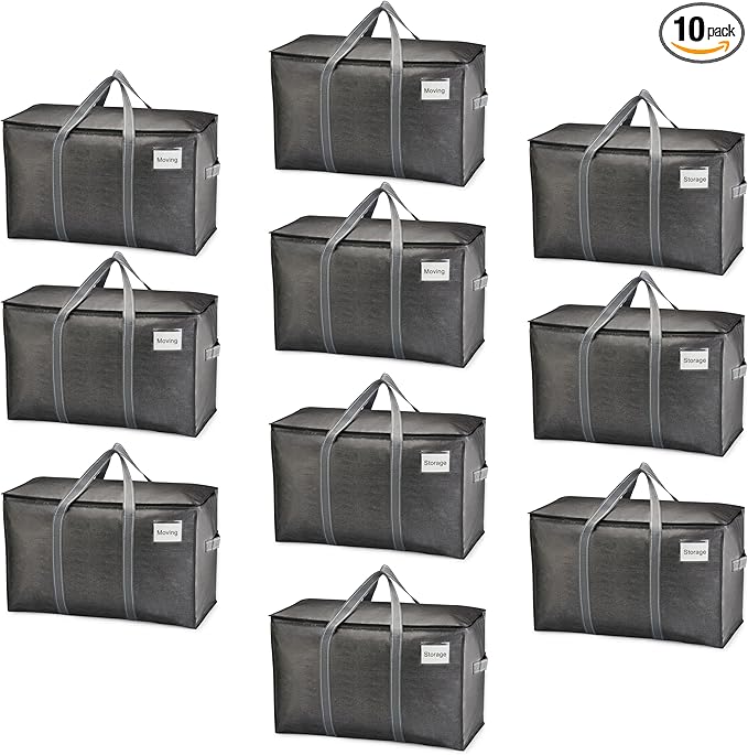 VENO 10 Pack Moving Bags, Heavy Duty, Moving Boxes Alternative, Packing Storage Supplies for Dorm Room Essentials with Zipper for Clothes, Extra Large Totes for Packaging (Dark Gray, 10 Pack)