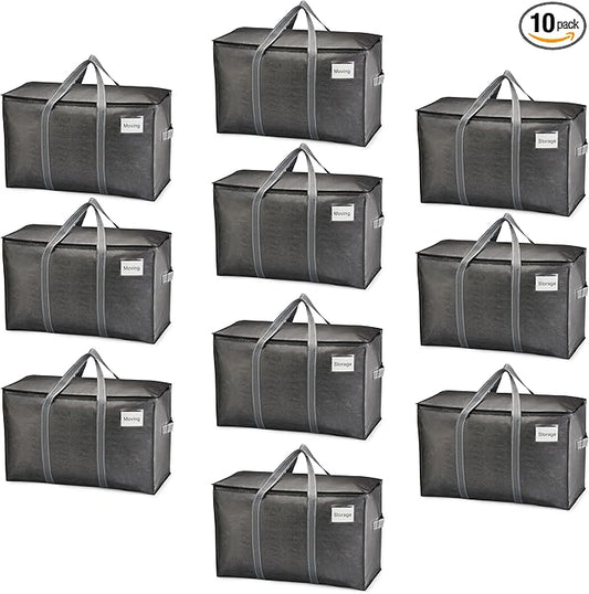 VENO 10 Pack Moving Bags, Heavy Duty, Moving Boxes Alternative, Packing Storage Supplies for Dorm Room Essentials with Zipper for Clothes, Extra Large Totes for Packaging (Dark Gray, 10 Pack)