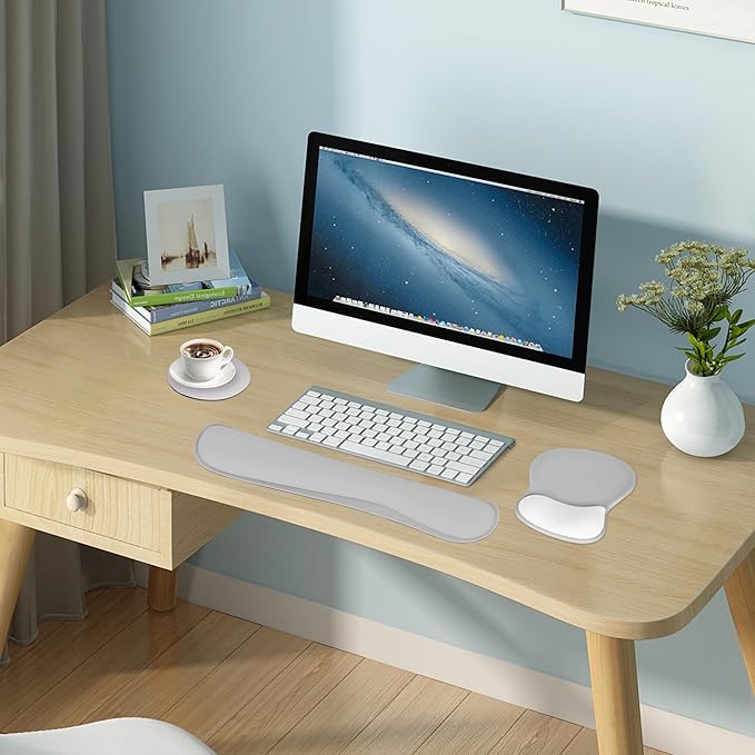 Wrist Rest Support for Mouse Pad Keyboard Set Circle Coaster Gaming Mouse Pad Ergonomic Gel Memory Foam Set for Computer, Laptop, Office, Pain Relief, Comfortably Typing Grey KM-31