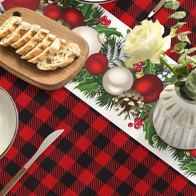 Horaldaily Christmas Tablecloth 90×90 Inch Round, Christmas Ball Ornaments Red Bufalo Plaid Washable Table Cover for Party Picnic Dinner Decor