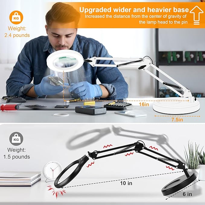 10X Magnifying Glass with Light and Stand, 2-in-1 LED Magnifier Desk Lamp, 3 Color Modes 10 Level Dimmable, Hands-Free Lighted Magnifier for Craft Repair Nail Reading Close Works (White, Base)