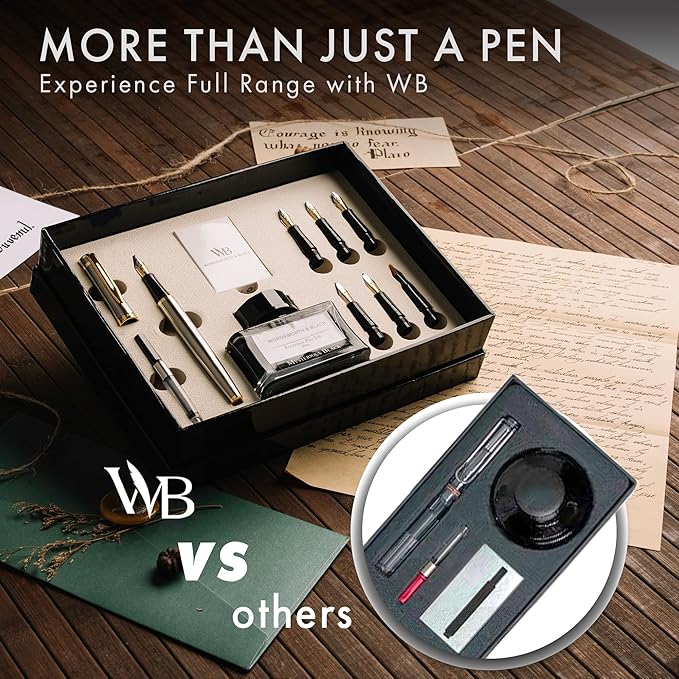 Wordsworth & Black Calligraphy Pen Gift Set, Includes Bottle, 6 Cartridges, Refill Converter, 6 Replacement Nibs, Premium Package, Journaling, Smooth Writing Pens [Silver Gold]