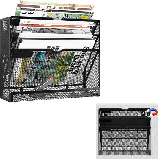 4 Tier Magnetic File Holder, Large Capacity Mesh Hanging Wall Organizer Vertical Magnetic Hanging File Organizer, Magnetic File Folder Holder for File Cabinets, Office, Whiteboard (Black)