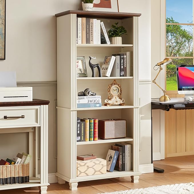 70" Tall White Bookshelf,5 Tier Wood Book Shelf with Adjustable Shelves & Wood Legs,Free Standing Farmhouse Bookcase with Open Display Storage,Vintage Kids Bookshelves for Nursery,3PCS