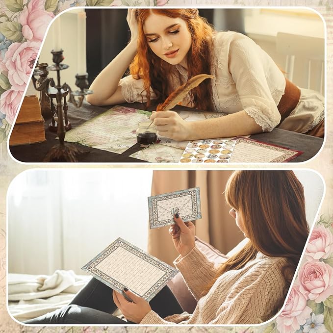 TaoBary 160 Pcs Stationery Paper Set 50 Double Sided Stationery Papers with 50 Matching Envelopes and 60 Round Dot Sticker, 10 Design(Lace Edged Scrapbook,5.5 x 8.25 Inch)