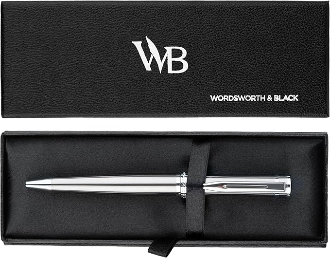 Wordsworth and Black Ballpoint Pen Silver Lacquer- Stunning Luxury Pen Chrome Finish, Ink Refill, Best Gift Set for Men & Women, Refillable, Elegant, Nice Pens, Fine Point