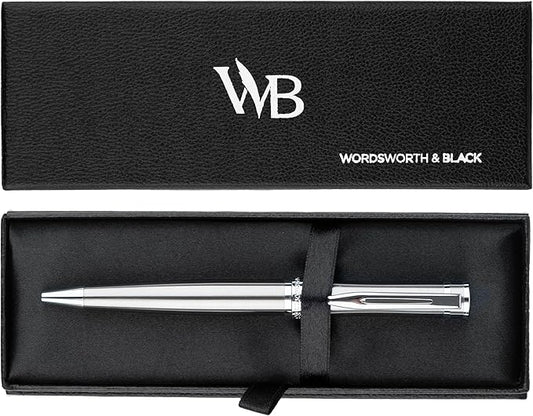 Wordsworth and Black Ballpoint Pen Silver Lacquer- Stunning Luxury Pen Chrome Finish, Ink Refill, Best Gift Set for Men & Women, Refillable, Elegant, Nice Pens, Fine Point