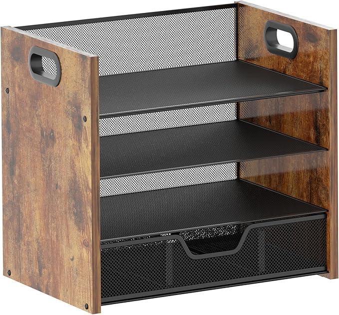 Wood Desk Organizer - 4-Tier Desktop File Organizer with Drawer, Wooden Paper Tray, Office Desk Organizer for Papers, Mail, Notebooks, Stationery