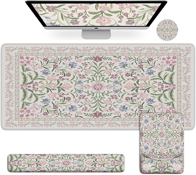 iCasso Mouse Pad with Wrist Rest,Large Desk Mat Set,Ergonomic Keyboard Pad with Wrist Support,Non-Slip Mouse Mat for Women,Cute Floral Computer Mat for Home Office Gaming (Purple Floral)