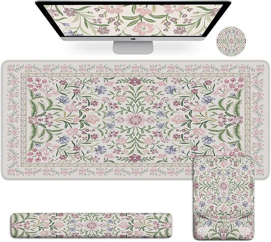 iCasso Mouse Pad with Wrist Rest,Large Desk Mat Set,Ergonomic Keyboard Pad with Wrist Support,Non-Slip Mouse Mat for Women,Cute Floral Computer Mat for Home Office Gaming (Purple Floral)