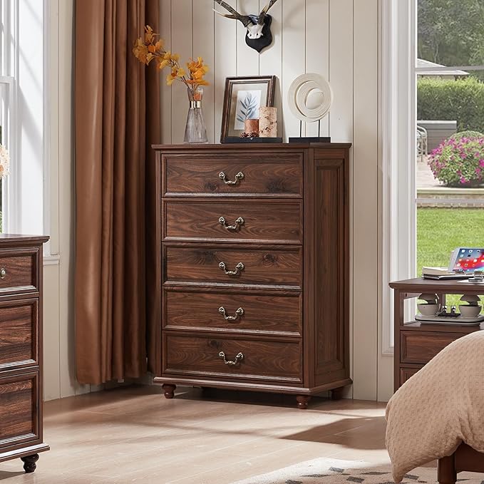 Farmhouse 5 Drawer Dresser Set of 2 for Bedroom, 45" Tall Rustic Chests of Drawers w/ 4 Solid Wood Feet, Mid Century Vintage Wooden Closet Storage Dressers Organizer for Living Room, Brown