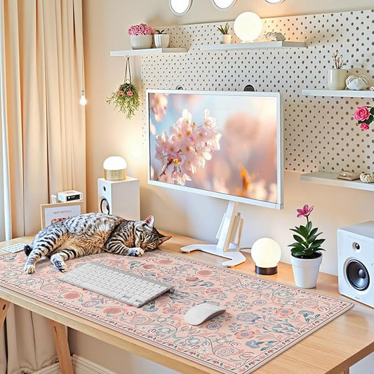 iCasso Desk Mat for Keyboard and Mouse, Large Mouse Pad, Desk Pad Mat, Anti-Slip Big Mousepad with Stitched Edges for Computer Desktop(Peach Pink)