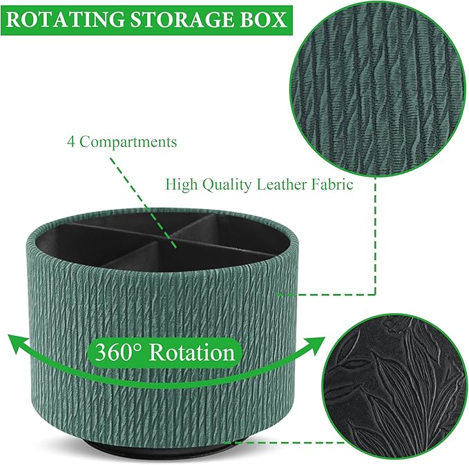 Hennaja Round Leather Art Supply Organizer,Remote Control Holder,360 Degree Spinning,Multi-Functional Pencil Holder,4 Compartments Desktop Stationary Organizer(1-Wood Green)