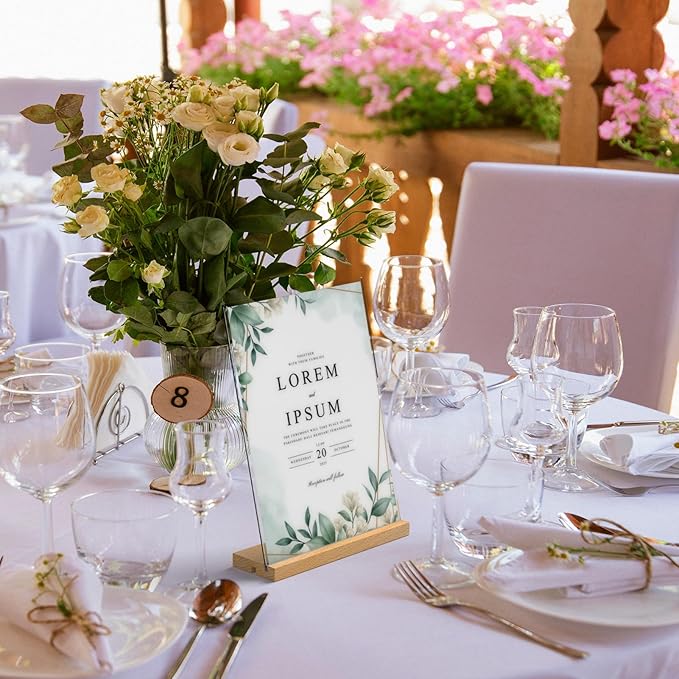 8.5 x 11 Acrylic Sign Holder with Wood Base - Tabletop Display Menu Stand - Clear Plastic L/T Shape Vertical or Slant Back Paper Holders - 3 Pack