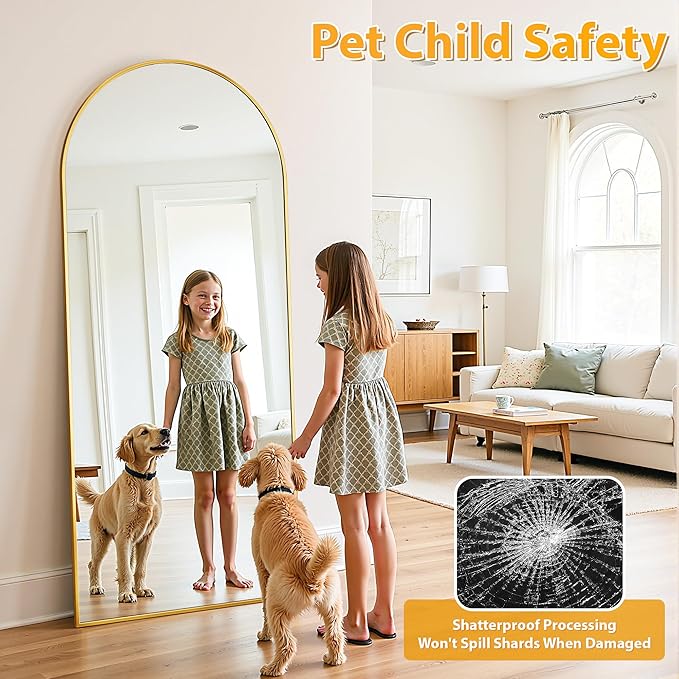 Full Length Mirror, 76"x44" Oversized Floor Mirror Freestanding, Full Body Mirror Floor Standing Mirrors with Stand, Hanging Mounted Mirrors for Bedroom Living Room, Gold, Arched Style