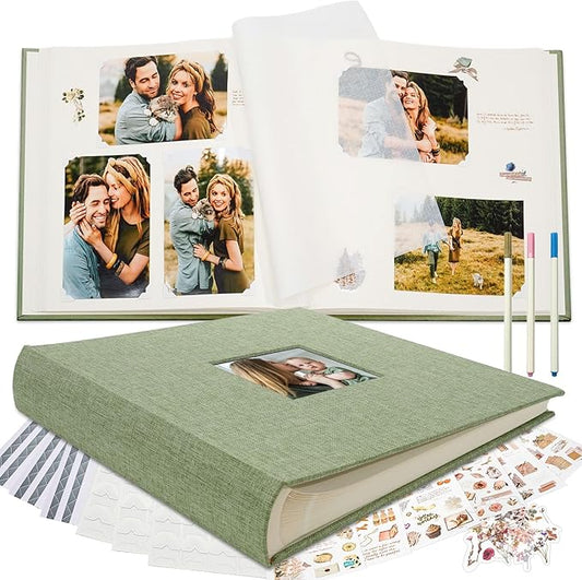 Vienrose Premium Scrapbook Photo Album with Writing Space 12"x12", DIY Scrapbook Album with 100 Pages, Large Photo Book for Baby Family Travel Vacation, Grass Green