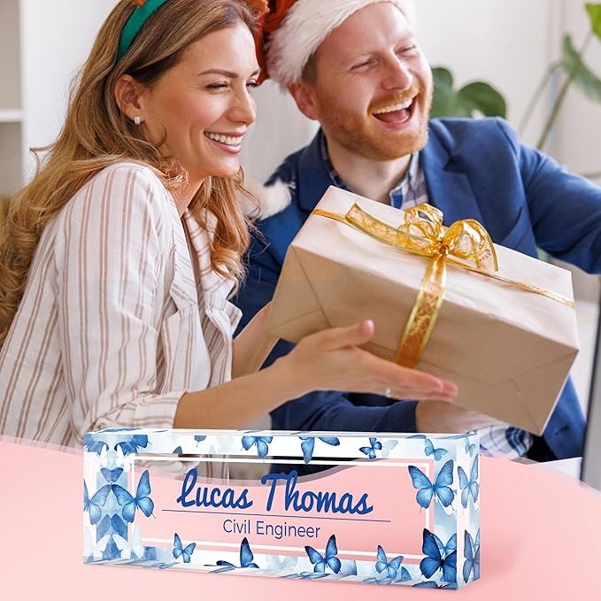 Custom Name Plate for Desk, Personalized Acrylic Office Name Sign with Name & Title, Elegant Desk Decor for Women Men, Employee Appreciation Gift (Blue Butterfly)
