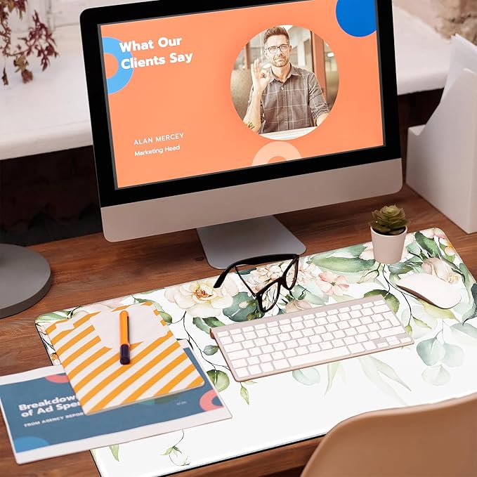 Desk Mat, Watercolor Pink Flowers Desk Pad, Green Leaves Flowers Large Gaming Mouse Pad for Desk, 31.5"x15.7" Extended Big Computer Keyboard Mouse Pad with Non-Slip Base and Stitched Edge