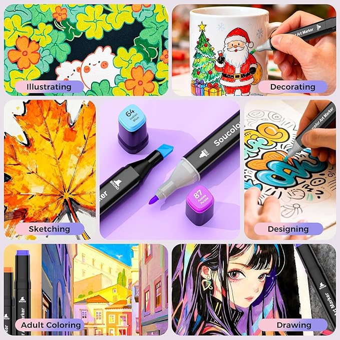 Soucolor Alcohol Markers 120 Colors with Case & Holders, Dual Tips Chisel & Fine Art Markers for Adult Coloring Kids Drawing, Artist Markers Art Supplies for Blending Sketching