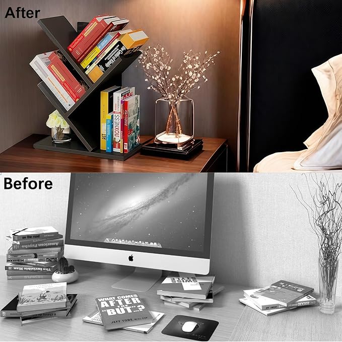 Godferyxin Tree Bookshelf, 3-Tier Wood Small Bookshelf and Mini Bookcase for Office, Home or School Desk Book Shelf for for Displaying Books, CDs, Magazines Wood Storage Rack