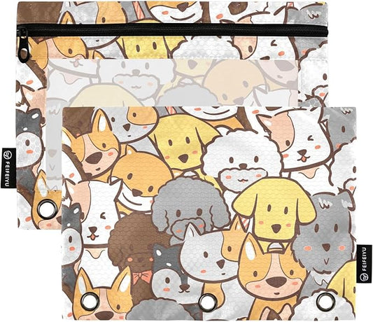 ZAZYXTJ Personalized Cute Dog Binder Pencil Pouchs 3 Ring with Zipper Clear Window Office Organizers bag for School Students Teacher Supplies 2 Pack