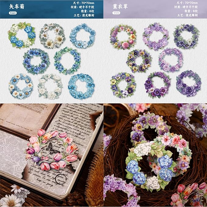 48 Pieces Vintage Garland Hard Card Scrapbook Stickers, 6 Pack Aesthetic Background Flower Frames Decorative Stickers for Scrapbooking Planner Junk Journal Supplies Collage