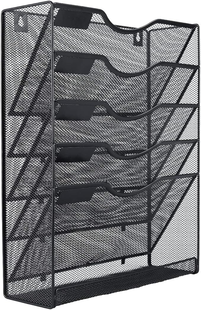 EasyPAG 5-Tier Wall File Holder, Mesh Hanging Folder Organizer with Classify Label, Versatile Desk File Organizer for Office Home, Space-Saving Vertical Wall Mounted Mail Paper Sorter, Black