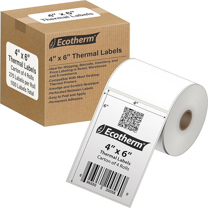 4" x 6" Thermal Labels | 4 Rolls | 1100 Labels | fits Zebra, Munbyn, Rollo, Godex, Arkscan, iDPRT, Offnova Thermal Label Printers and More | Blank White Adhesive Stickers by Ecotherm