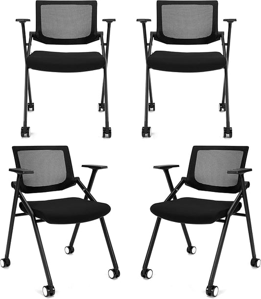 4 Pack Stackable Conference Room Chairs with Wheels and Paddle, Ergonomic Mesh Back and Arms for Meeting, Conference, Reception, Training Room & Home Office Desk Folding Chairs (2 Boxes)