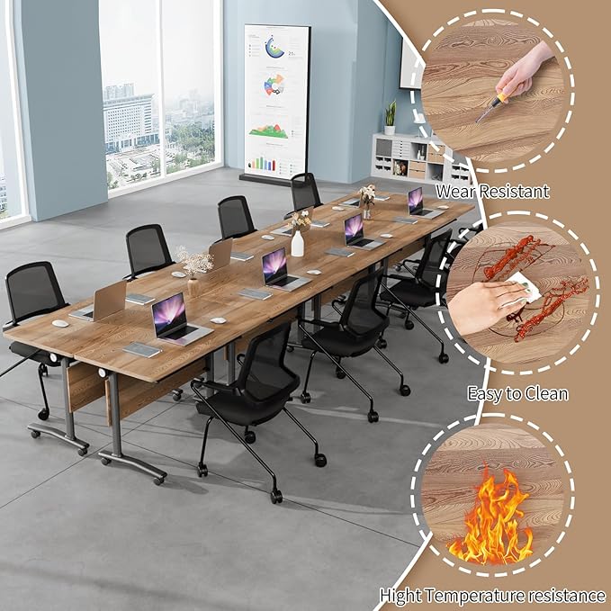 Folding Conference Table, Modern Conference Room Tables with Flip-Top Design, Foldable Conference Table Meeting Table with Wheels, Mobile Seminar Training Tables for Office Classroom (4, Walnut 2)